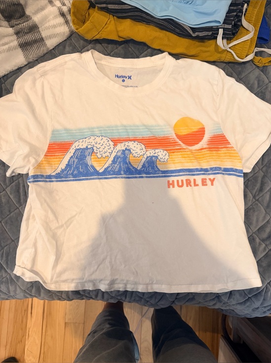 Hurley Tops - Hurley White Short-Sleeve Tee with Blue Wave and Orange Sun Graphic